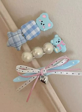 可爱卡通蓝色小熊发夹女蝴蝶结仿珍珠装饰鸭嘴夹儿童边夹发卡发饰