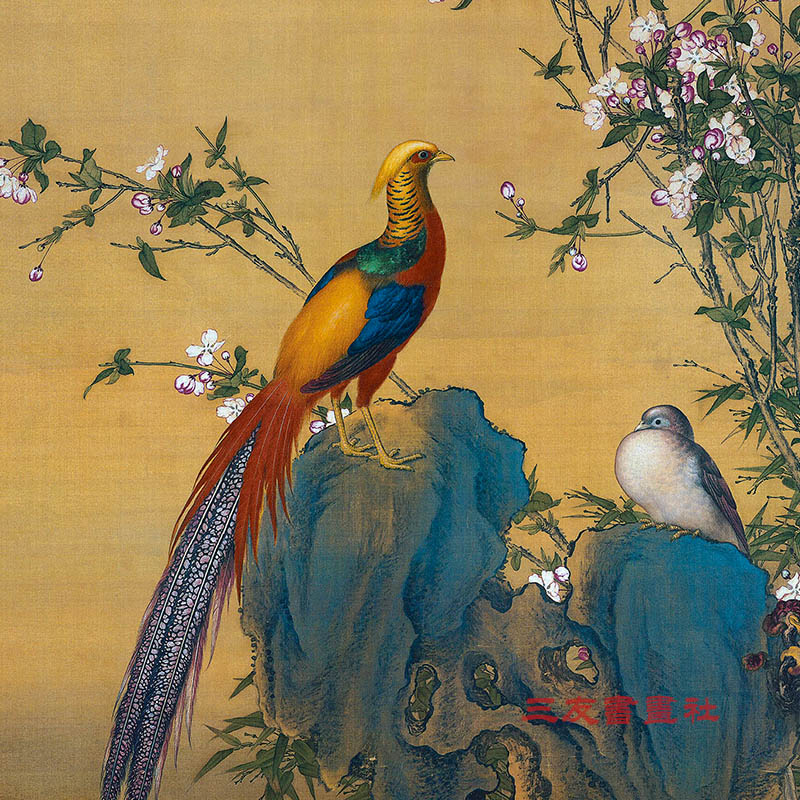 清代郎世宁锦春图古画复制品卷轴装饰国画富贵花鸟画玄关仿古立轴-图2