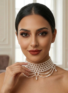 悦己 特色手工珍珠编织项链新娘百搭抹胸一字肩宴会礼服配饰YJG96