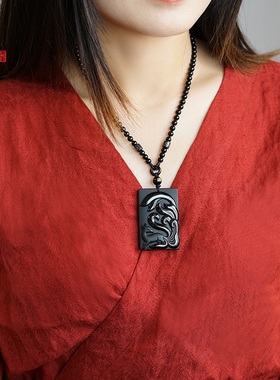 黑曜石九尾狐吊坠黑狐小狐狸项链水晶饰品挂件男女士情侣首饰玉石