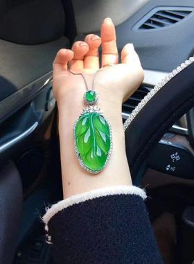 玉髓吊坠绿镶嵌树叶天然翡翠玛瑙925叶子项链银挂件女冰种大链色