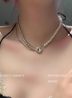 新品小爱心锆石项链锁骨链女夏天珍珠叠戴拼M接吊坠轻奢小众设计