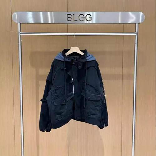 【现货】WE11DONE TRACK重工破坏水洗做旧拉链连帽夹克棉服外套 - 图3