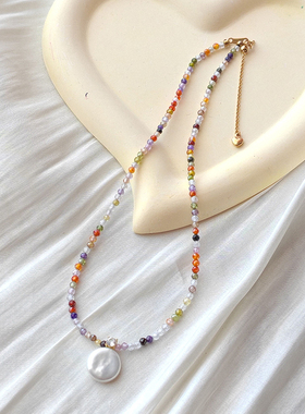 DIY珍珠项链秋冬季锆石拼接女糖果色吊坠个性甜酷叠戴锁骨链套装