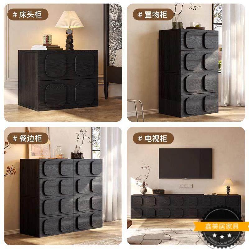 法式中古实木斗柜组合客厅沙发边柜收纳储物柜复古卧室黑色卡门柜,淘宝优惠券,粉丝福利购,淘宝优惠卷