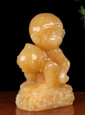 天然白玉米黄玉猴子灵猴献宝摆件十二生肖摆件送长辈贺寿酒柜招财