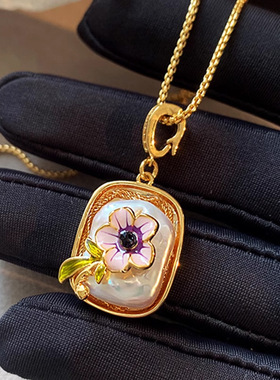 油画花朵淡水珍珠项链新中式吊坠