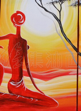 新品纯手绘装饰油画客厅卧室欧式五联组合M挂画五拼非洲风情风景