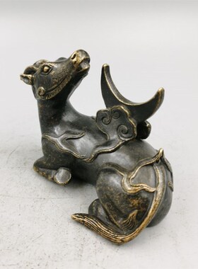 新品古玩铜器收藏犀牛望月摆件优质C黄铜 做工精致 造型雅致 古色