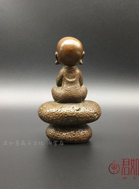 新品铜器禅意摆件实心铜石头坐禅小C和尚莲花香托香插坐石小沙弥