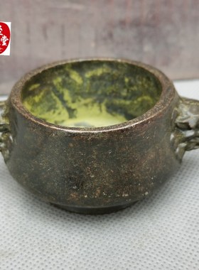 速发古玩收藏老包浆纯铜三足双兽头宣字底款香炉铜铜件小摆器