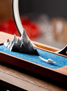 新中式禅意沙盘枯山水摆件创意茶室设计用品LED灯光博古架装饰品