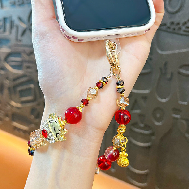 新年款招财猫水晶串珠手机链钥匙扣精致可爱包包配饰手机壳小挂件,淘宝优惠券,粉丝福利购,淘宝优惠卷