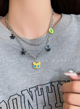 极速多巴胺双层猫头钛钢项链女小众甜酷辣妹锁骨链情侣Z时尚百搭