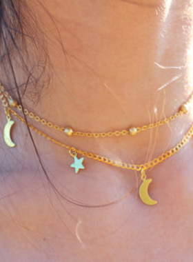 极速Star & Moon Pendant Clavicle Necklace DoublRe Layers Bea