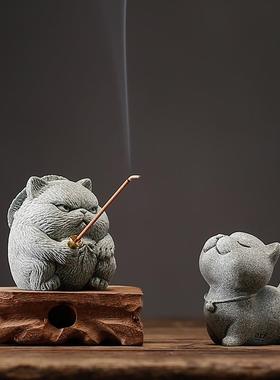 创意侠客小猫钓鱼茶宠摆件可爱小猫咪香插鱼缸盆栽造景桌面装饰品
