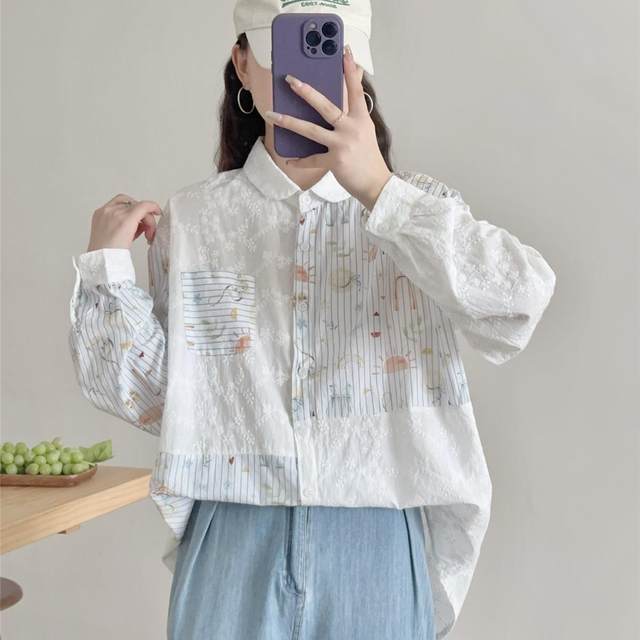 Dream Box 2025 Spring New Cartoon Print Striped Splicing Cotton Shirt Lace Lapel Long Sleeve Loose Shirt
