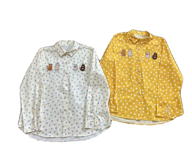 Row of cats embroidered lapel long sleeve polka dot shirt