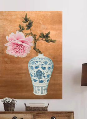 牡丹花开富贵 新中式复古客厅装饰画玄关青花瓷花瓶中古风挂画