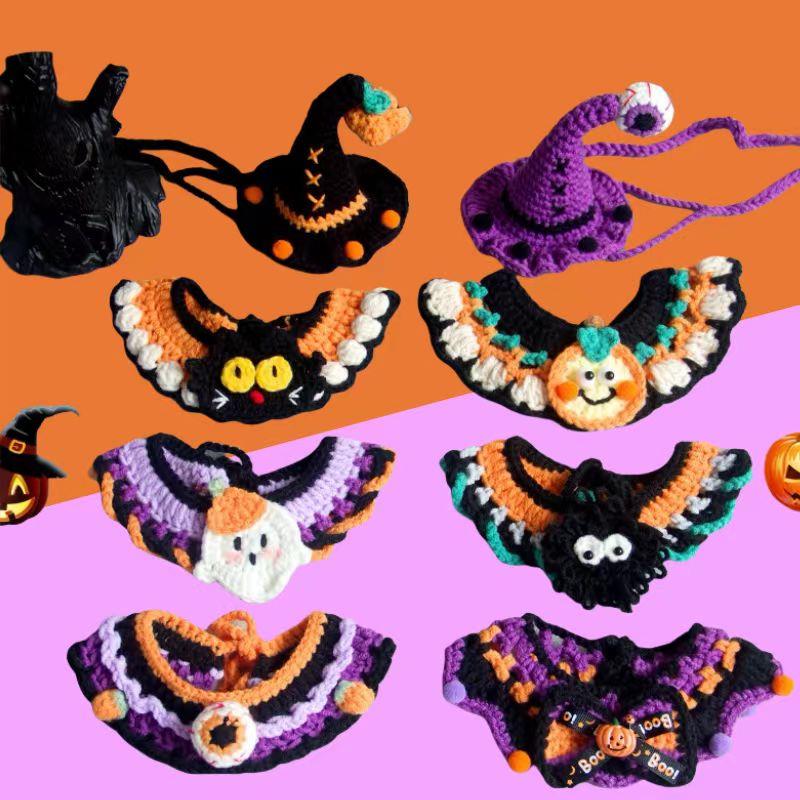 万圣节宠物围兜猫咪围脖狗狗帽子手工针织项圈口水巾南瓜衣服饰品 - 图0