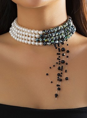 水晶流苏多层花珠仿珍珠项链女欧美潮个性舞台万圣节表演搭配饰品