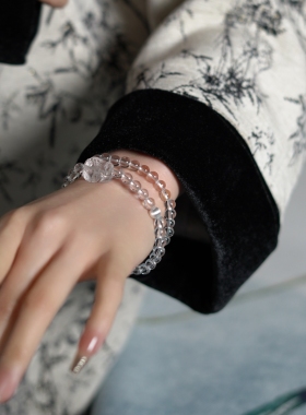 申利多天然白水晶手链女双圈6m两层双圈貔貅多宝东海手串