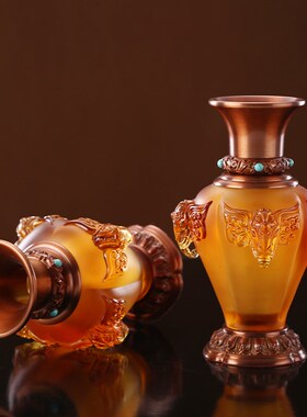 速发象法琉璃供具全套装摆古复古四件供杯家用香炉黄铜供奉灯一对