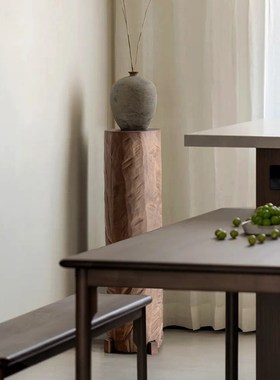 侘寂风实木墩子底座柱子民u宿酒店样板间玄关中式复古木雕花架摆