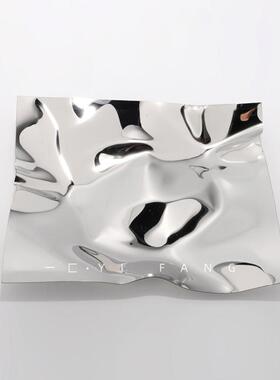 一匚样板间餐桌客厅茶几现代 轻奢银色艺术托盘软装饰品创意摆件