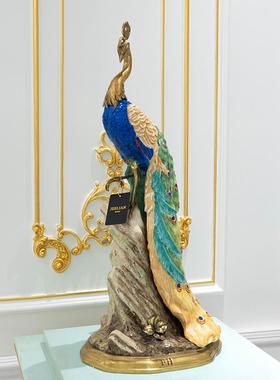 茱莉安法式奢华手工陶瓷镶铜蓝色孔雀别墅客厅门厅桌面装饰摆件