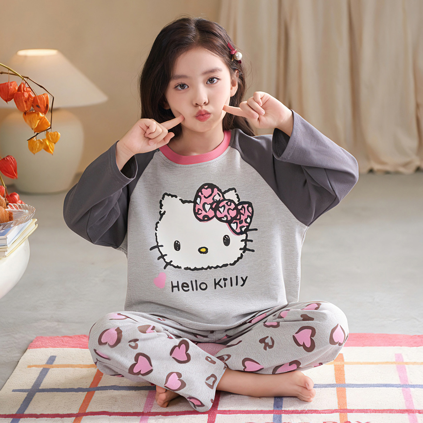 春秋季女童纯棉长袖HelloKitty卡通家居服套装学生睡衣条纹中大童,淘宝优惠券,粉丝福利购,淘宝优惠卷