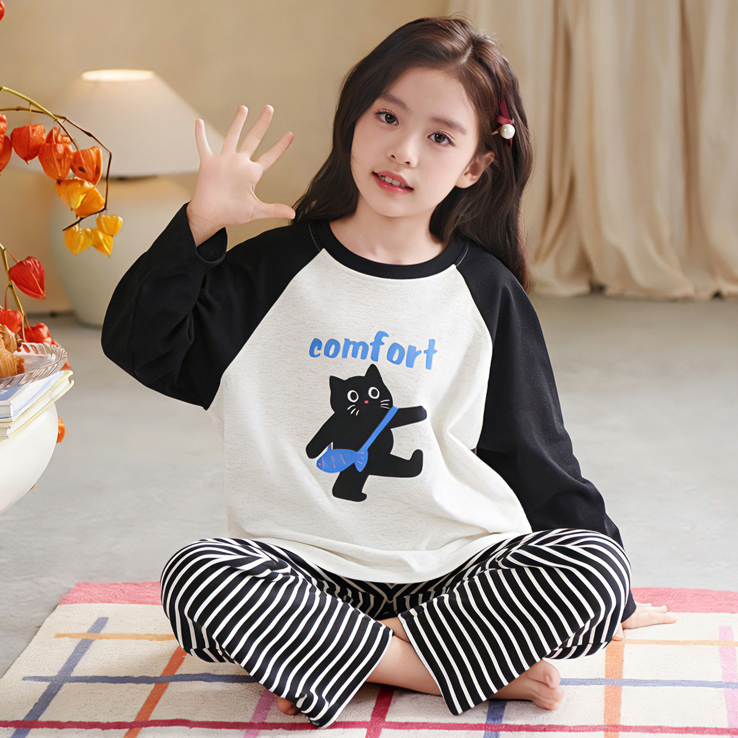 春秋季女童纯棉长袖HelloKitty卡通家居服套装学生睡衣条纹中大童,淘宝优惠券,粉丝福利购,淘宝优惠卷