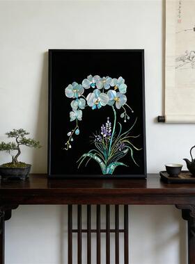 现货贝雕螺钿画艺术饭厅装饰画蝴蝶兰挂I画珐瑯彩感客厅沙发背景