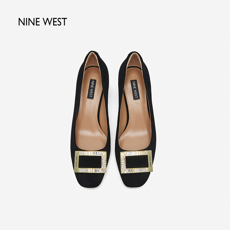 Nine West/玖熙2024年春季新款高跟鞋女尖头方扣绒面粗跟单鞋女鞋-图1