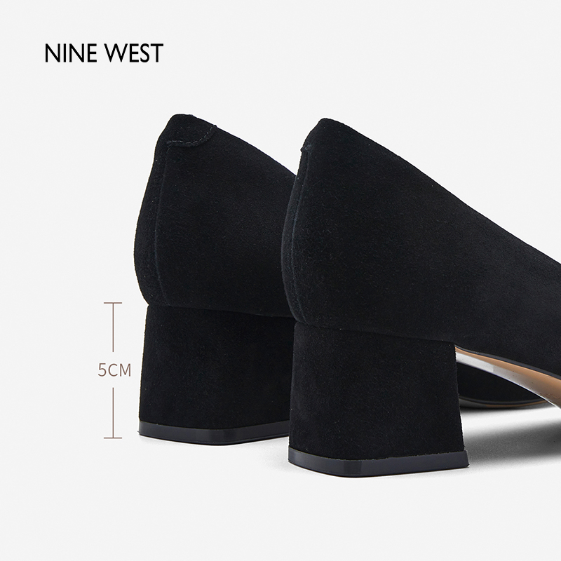 Nine West/玖熙2024年春季新款高跟鞋女尖头方扣绒面粗跟单鞋女鞋-图2