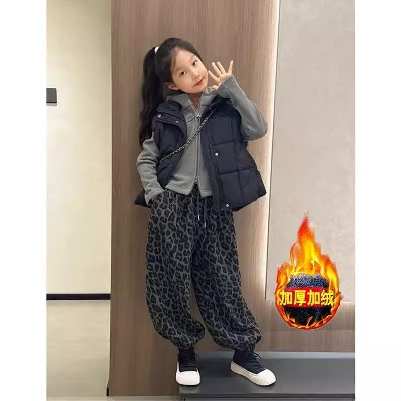 法国女童豹纹加绒裤子秋冬女大童时髦一体绒卫裤儿童加厚束脚裤潮,淘宝优惠券,粉丝福利购,淘宝优惠卷
