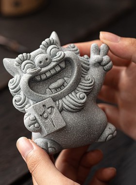 速发好运常在 必发必中国造风青砂石缸狮子装饰鱼石潮景桌面