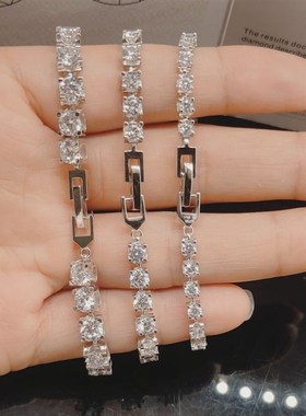 速发PT950铂金进口莫桑石满钻手镯18K金白四爪牛头钻石手链过钻笔