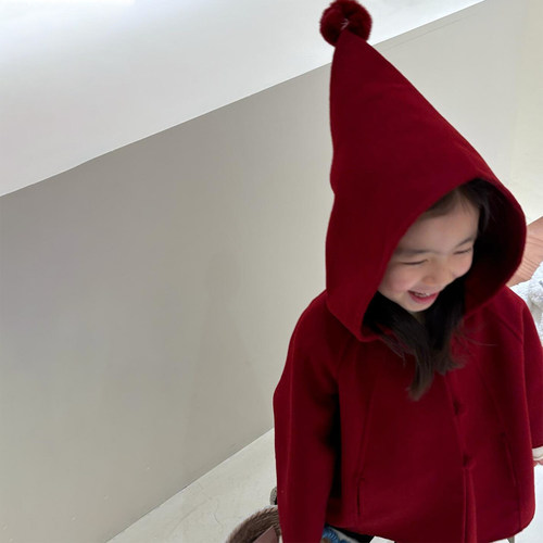 女童外套冬季2025新款 红色、毛呢、加厚、精灵帽 K25122344GP - 图1