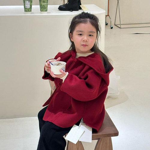 女童外套冬季2025新款 红色、毛呢、加厚、精灵帽 K25122344GP - 图0