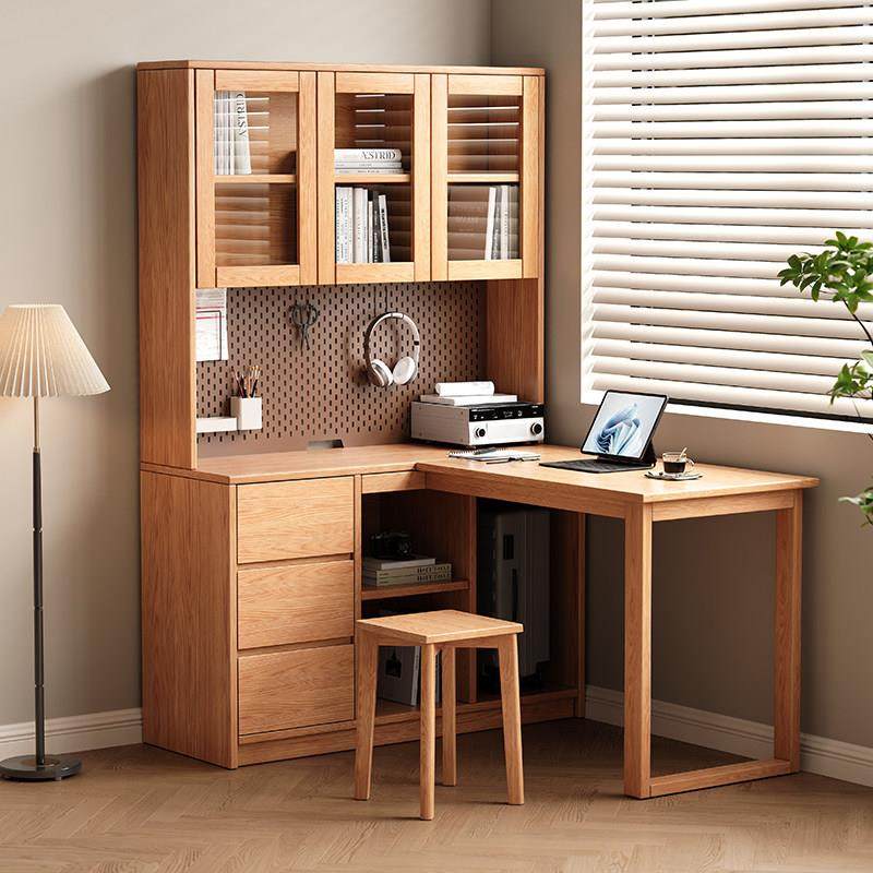 橡木电脑桌转角实木书桌书架一体儿童学习小户型书房带抽屉书柜,淘宝优惠券,粉丝福利购,淘宝优惠卷