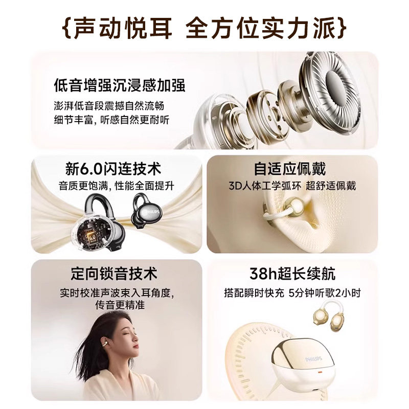 飞利浦TAT3469蓝牙耳机无线开放耳夹式运动跑步降噪耳机2025新款Y,淘宝优惠券,粉丝福利购,淘宝优惠卷