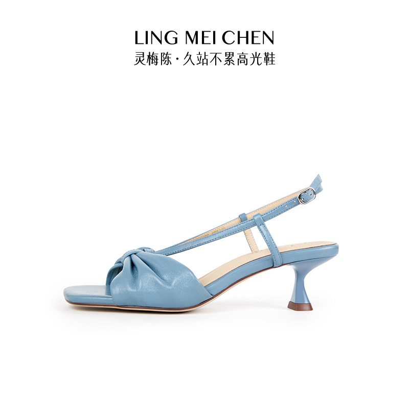 【官方奥莱】灵梅陈高光鞋34码蓝色罗马凉鞋低跟羊皮露趾高跟女鞋,淘宝优惠券,粉丝福利购,淘宝优惠卷