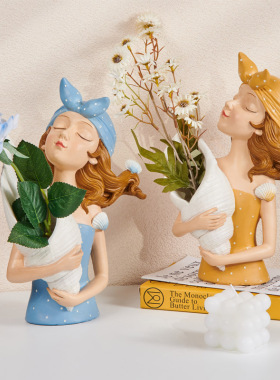 新品北欧轻d奢海洋风贝壳女孩花插托盘摆件家居客厅门口电视柜酒