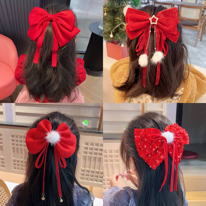 极速儿童新年大号红色蝴蝶结发夹头饰女孩202O2年新款网红发卡女 - 图0