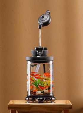 新中式创意悬壶小型玻璃缸自动水循环客厅办公室流水生财装饰摆件