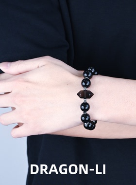 DRAGON LI狸花猫12mm黑曜石茶水晶桶珠串珠情侣饰品闺蜜礼物