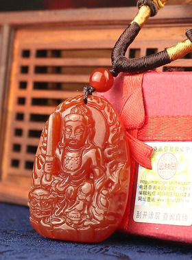 极速天然红玉髓十二生肖吊坠属相兔文殊菩萨M本命佛男女雕刻守护