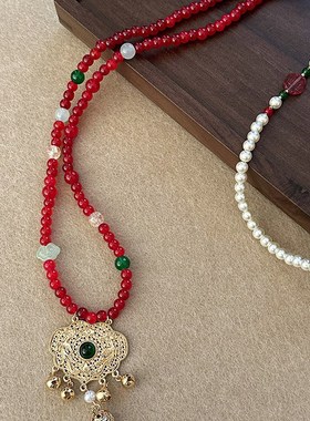 极速古风红色璎珞背云流苏项链新中式小众国风过年U喜庆马面裙汉