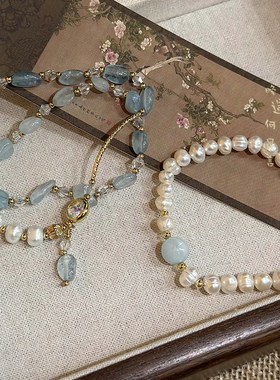 极速海蓝宝天然水晶m淡水珍珠串珠手链女轻奢小众精致蓝色闺蜜手